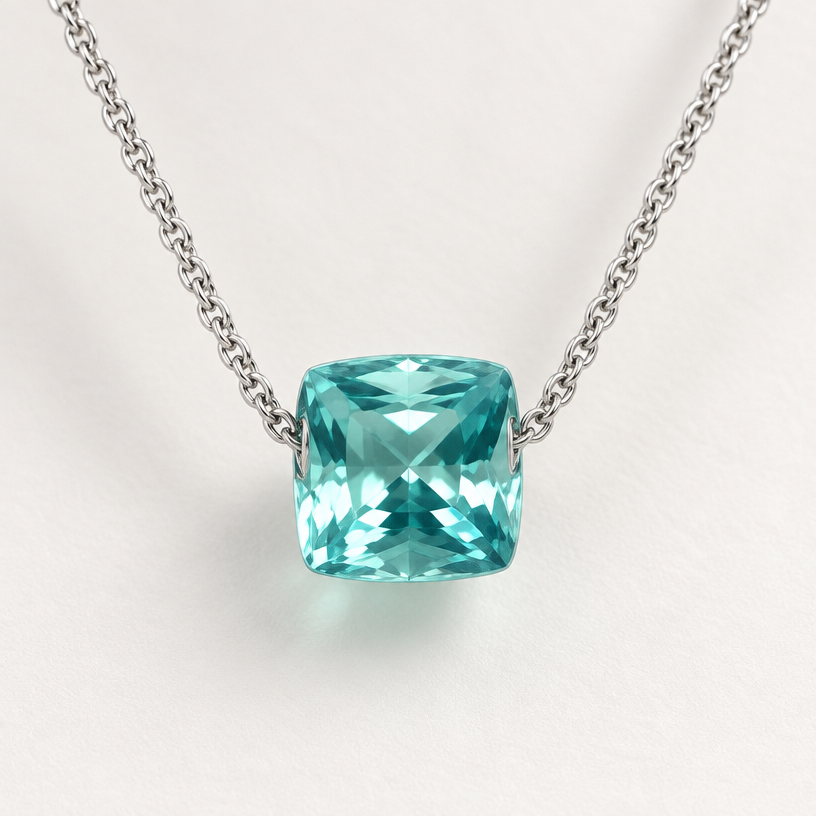 A classic women's pendant made of white gold. 2.8ct square cushion cut neon blue green beryl floating slider
using the attached image as a visual reference, create A classic women's pendant made of white gold. 2.8ct square cushion cut neon blue green beryl floating slider. photorealistic, just the design no text
