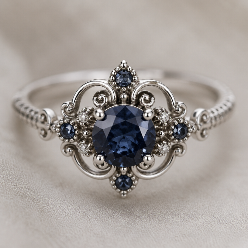 A bohemian women's ring with sapphire stones suitable for wedding
using the attached image as a visual reference, create A bohemian women's ring with sapphire stones suitable for wedding. photorealistic, just the design no text
