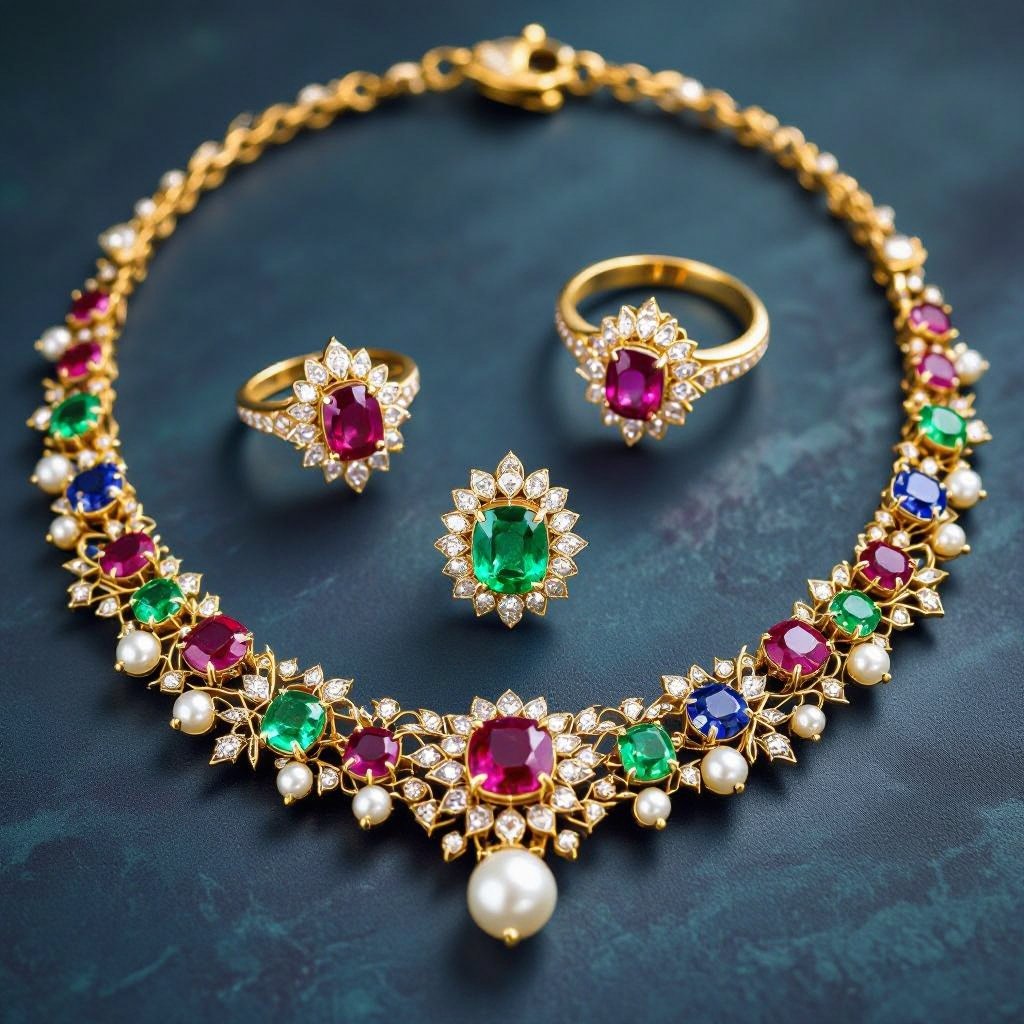Necklace and ring and earring with luxury colorful jewel with gold