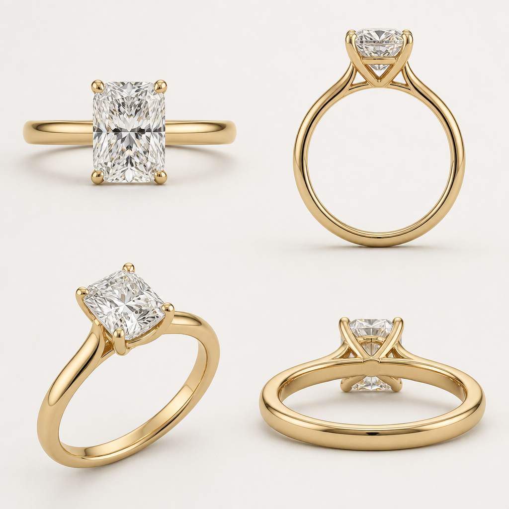 I like lab diamond (CVD)
Should be between D E F diamond color
Ideal cut not too deep or shallow
Want 2 carats diamond or 1.9 carats
Clarity VS1 or VS2
I want 20k or 22k natural yellow gold
I like radiant
Want cathedral No stem setting
Want low dome band
Plain band 2 width and 2 mm thick
Euroshank bottom
photorealistic jewelry design, I like lab diamond (CVD)
Should be between D E F diamond color
Ideal cut not too deep or shallow
Want 2 carats diamond or 1.9 carats
Clarity VS1 or VS2
I want 20k or 22k natural yellow gold
I like radiant
Want cathedral No stem setting
Want low dome band
Plain band 2 width and 2 mm thick
Euroshank bottom, just the design no text