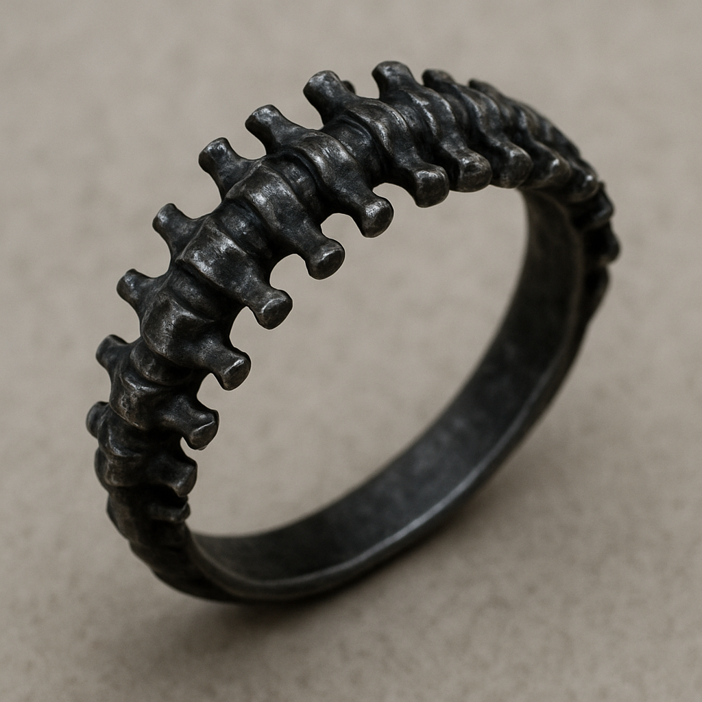 An gothic old rustical style ring that is closed and thin but is inspired by a bsckbone of a human