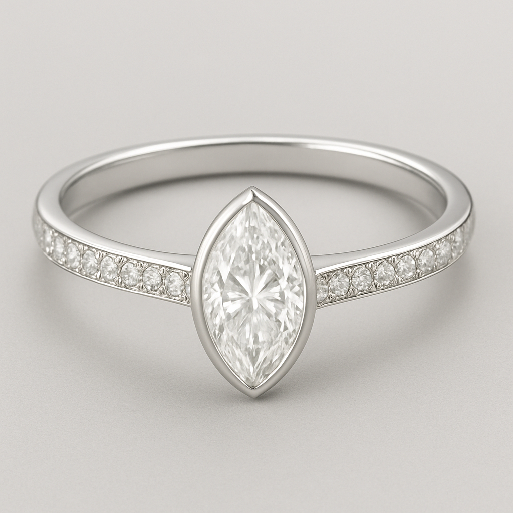 Create an engagement ring with a pave band but plain on the outsides. Let the outside plain parts of the band split off from the pave and connect to a floating marquise cut diamond with a bezel and no prongs.