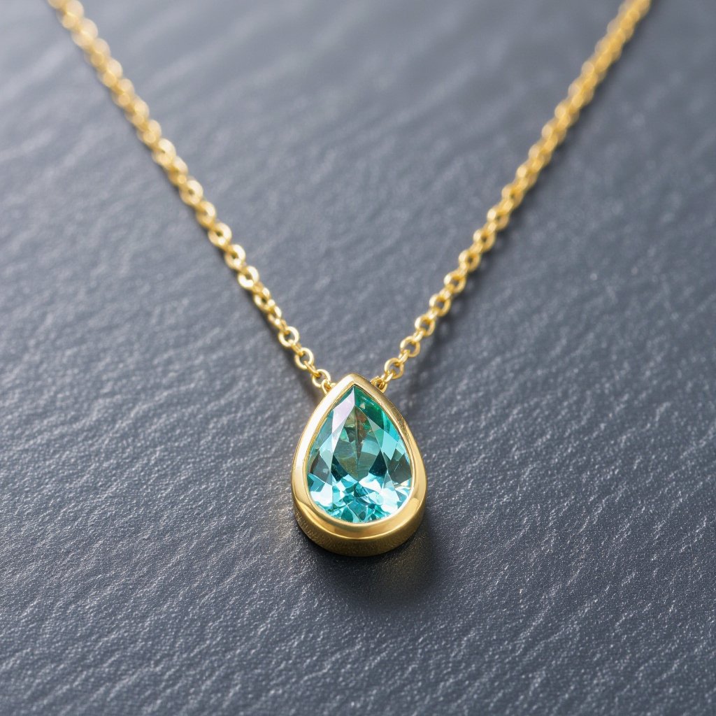 Please create a necklace with a pear paraiba tourmaline set in a yoni portal natural shape and  thin gold chain a