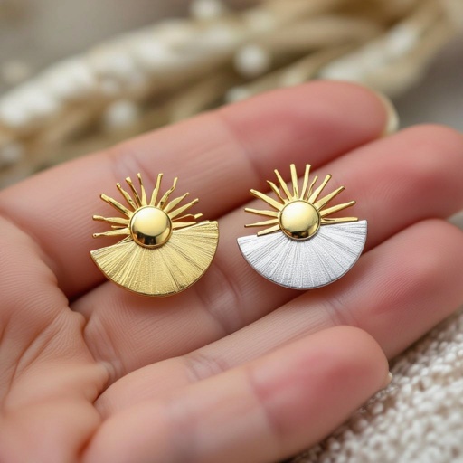 Золотые серьги полукруг половинка горящего солнца мятое неровное золото лучи волнистые другая половинка круга серебряная 