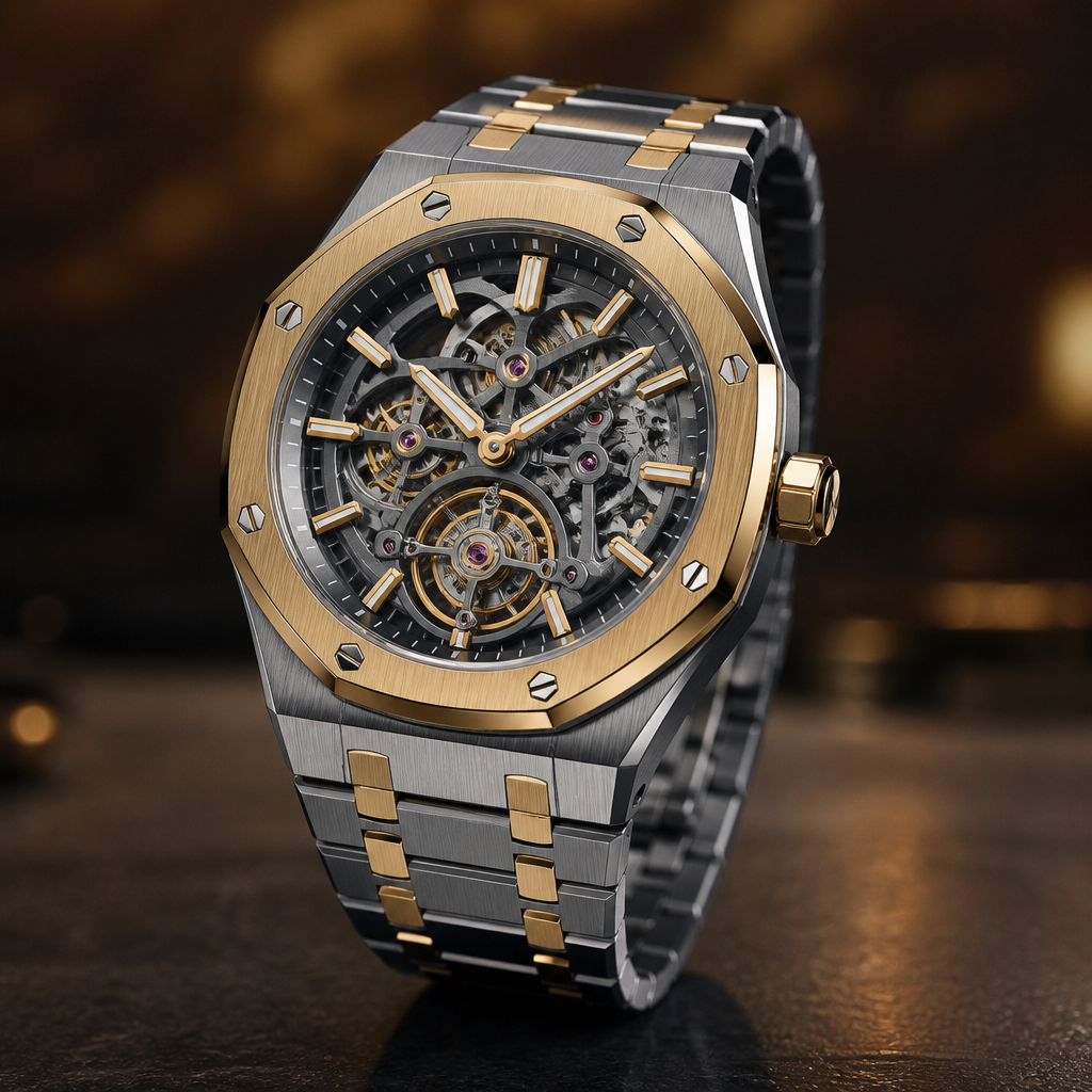 A luxury men's watch made of mixed metal
photorealistic jewelry design, A luxury men's watch made of mixed metal, luxury style, just the design no text