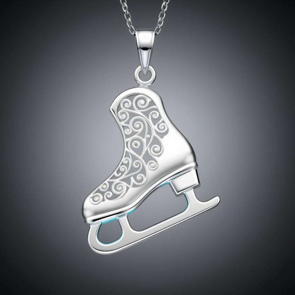 Pendant silver with stylized ice figure skating single skate with turquoise blade (bottom)