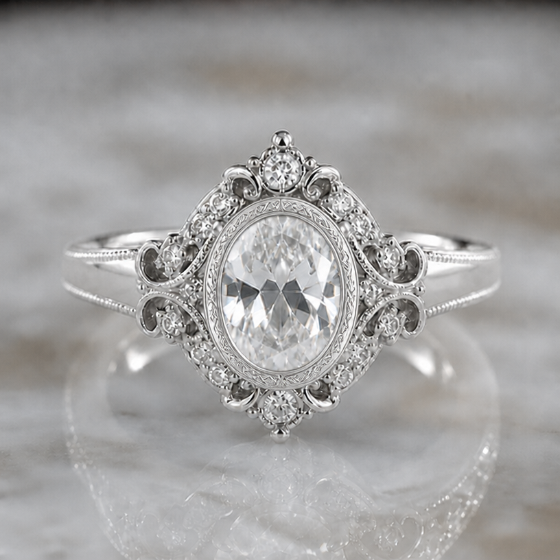 Add bezel setting around the centre stone with scrollwork engraving
edit the attached jewelry design with these instructions: Add bezel setting around the centre stone with scrollwork engraving. keep it photorealistic, just the design no text