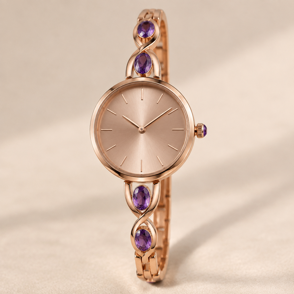 A rose gold women's watch made of rose gold with amethyst stones, minimalist, simple and delicate, clean lines
photorealistic jewelry design, A rose gold women's watch made of rose gold with amethyst stones, minimalist, simple and delicate, clean lines, rose_gold style, just the design no text
