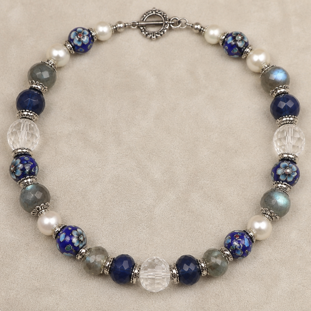 "Blue floral milefiori beads 8mm, labradorite faceted rondels 8mm. Sapphire rough cut round beads 8mm beads. Clear crystal quartz 10mm beads, white 8mm pearls
silver findings necklace "
photorealistic jewelry design, "Blue floral milefiori beads 8mm, labradorite faceted rondels 8mm. Sapphire rough cut round beads 8mm beads. Clear crystal quartz 10mm beads, white 8mm pearls
silver findings necklace ", vintage style, just the design no text