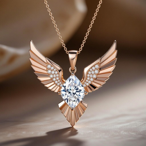 Geomatric modern architecture eagle edges rose gold diamond Design a contemporary pendant featuring a single, large diamond shaped like a wing, symbolizing freedom and elegance. The diamond is elegantly set in a sleek, minimalist rose gold frame that accentuates its brilliance. The modern aesthetic is enhanced with clean lines and asymmetry, making it a striking statement piece for the avant-garde wearer.
