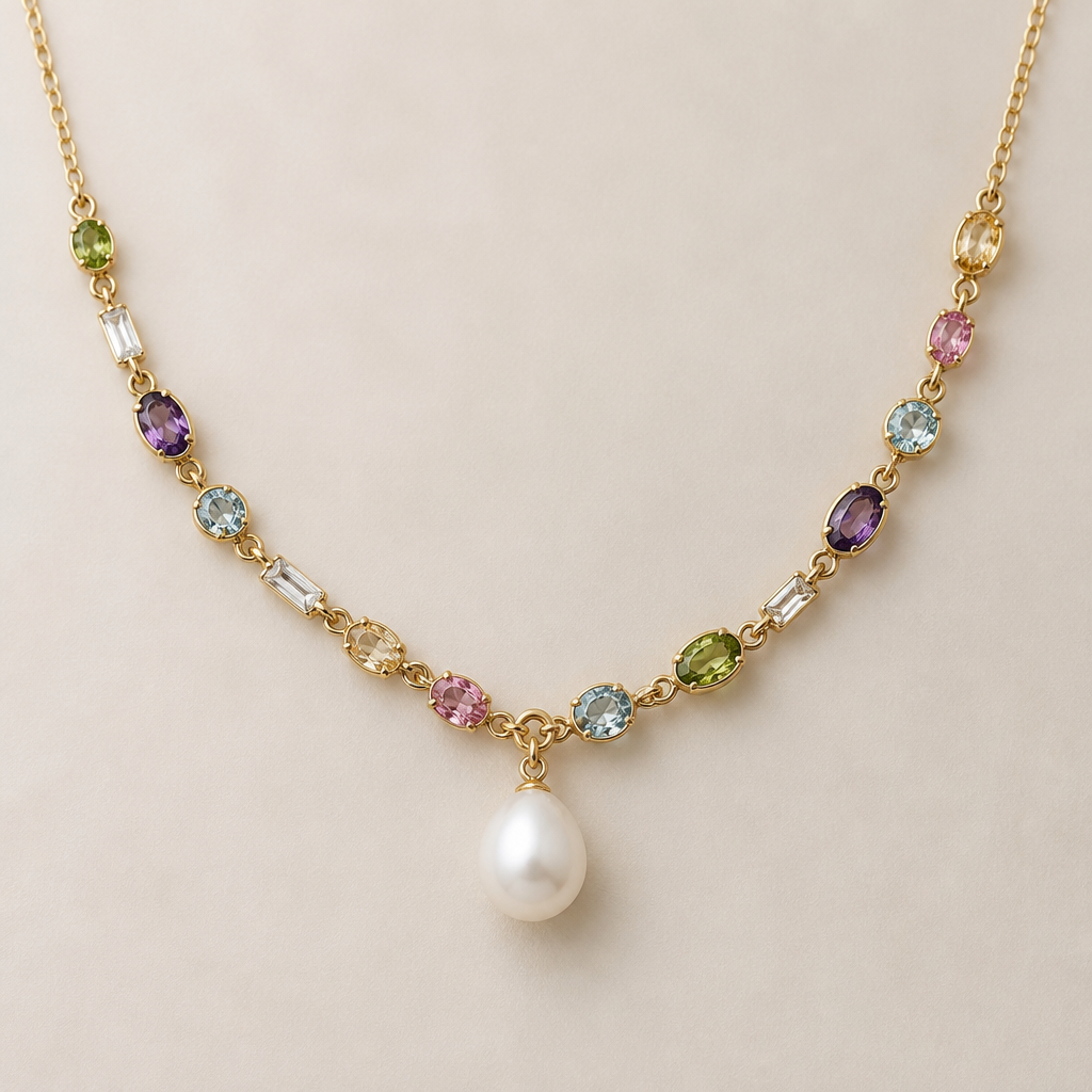 "A minimalist women's necklace. multi color gemstones with a hanging pearl on the center"
photorealistic jewelry design, "A minimalist women's necklace. multi color gemstones with a hanging pearl on the center", modern style, just the design no text