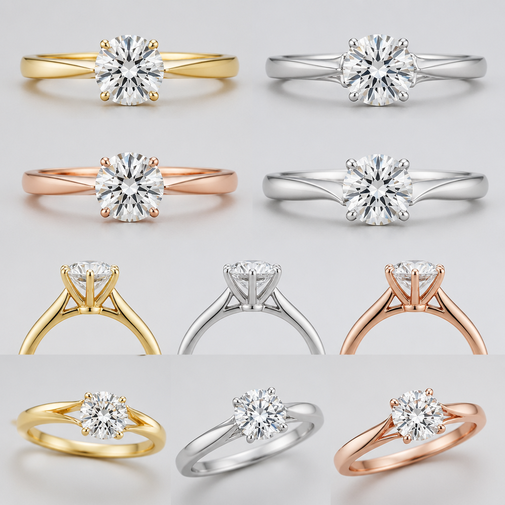 Give me design options for a solitaire engagement ring with a 2 carat round diamond.
photorealistic jewelry design, Give me design options for a solitaire engagement ring with a 2 carat round diamond. , modern style, just the design no text