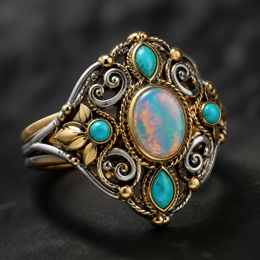 A luxury women's ring made of mixed metal with turquoise and opal stones suitable for festival. A modern women ring with little ornaments of modern motifs.
photorealistic jewelry design, A luxury women's ring made of mixed metal with turquoise and opal stones suitable for festival. A modern women ring with little ornaments of modern motifs., luxury style, just the design no text
