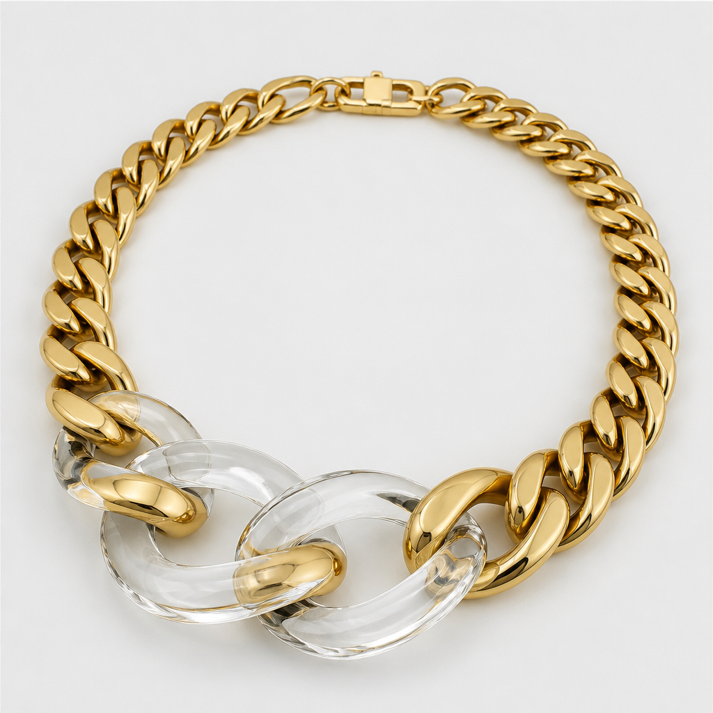A women's necklace. create a chunky Cuban Link that is o graduated and exaggerated in the first front three links that is translucent using only three colors
photorealistic jewelry design, A women's necklace. create a chunky Cuban Link that is o graduated and exaggerated in the first front three links that is translucent using only three colors, modern style, just the design no text