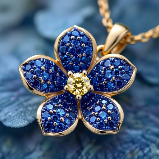 Create a forget me not flower pendant.  The petals are formed using paved light blue sapphires.  The center stone is 1 yellow diamonds 