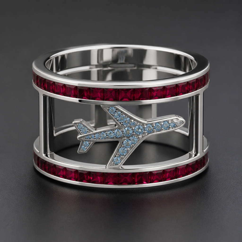 A modern women's ring made of platinum with ruby stones suitable for formal. Quiero un anillo de doble argolla, arriba que diga aerotraining, en la parte de abajo que diga M.M TCP, en medio de las dos argollas un sieño de avión, que el avión en el borde tenga diamantes de color celeste y del lado derecho en la parte de abajo que diga 2026
photorealistic jewelry design, A modern women's ring made of platinum with ruby stones suitable for formal. Quiero un anillo de doble argolla, arriba que diga aerotraining, en la parte de abajo que diga M.M TCP, en medio de las dos argollas un sieño de avión, que el avión en el borde tenga diamantes de color celeste y del lado derecho en la parte de abajo que diga 2026, modern style, just the design no text
