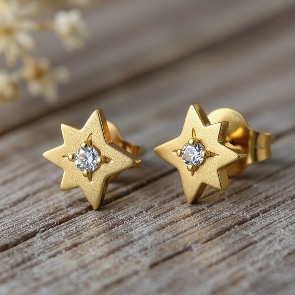Небольшие золотые матовые серьги в виде созвездия сириус