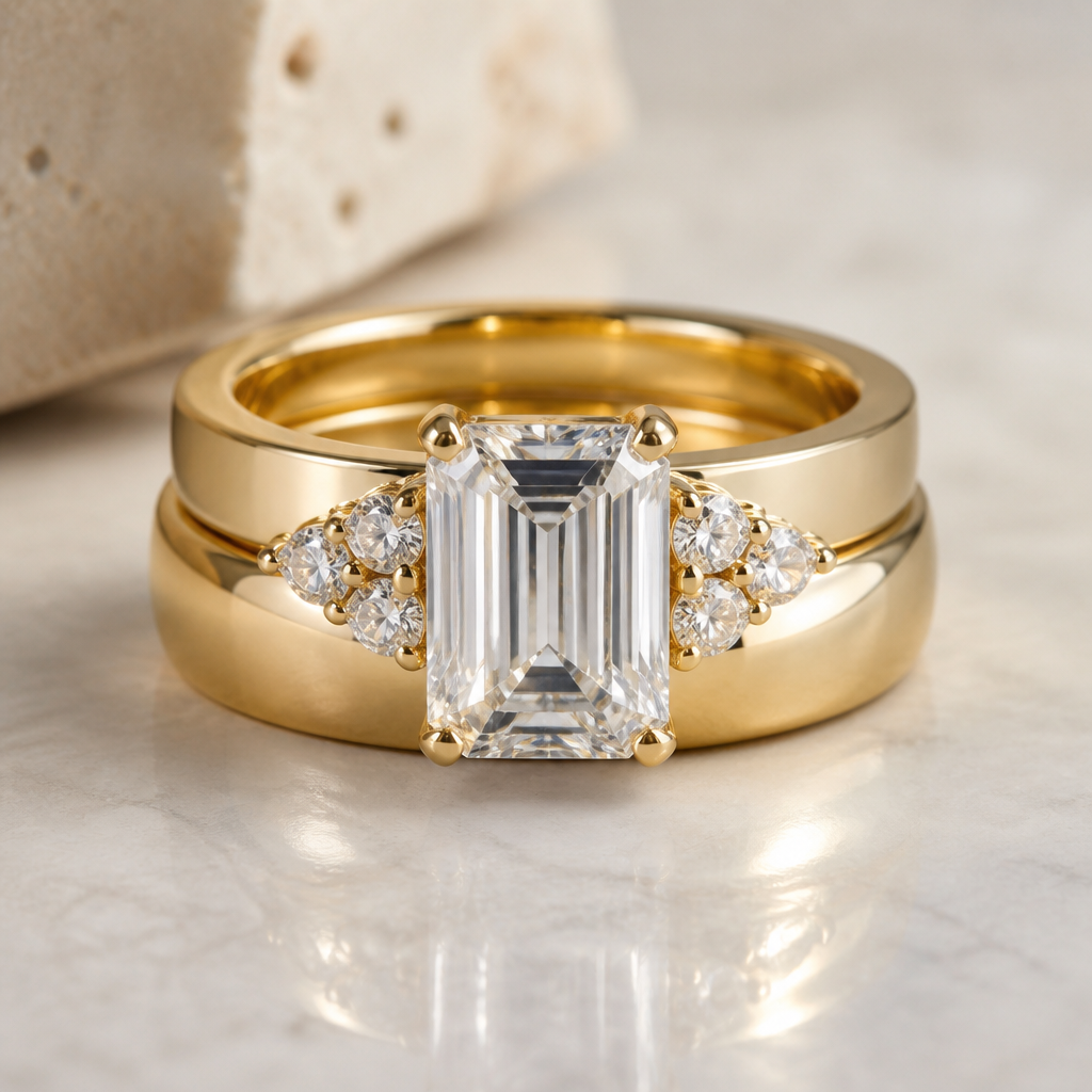 A women's ring. I want a one carat coffin cut diamond engagement ring with a thick gold wedding band. with side diamonds
photorealistic jewelry design, A women's ring. I want a one carat coffin cut diamond engagement ring with a thick gold wedding band. with side diamonds, modern style, just the design no text