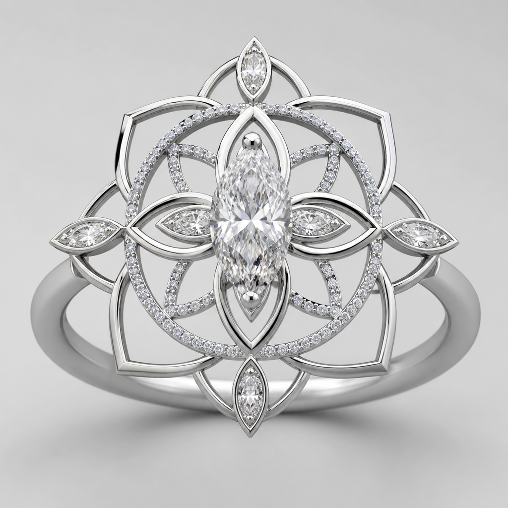 A women's ring made of silver with diamond stones. bague style mandala feminin delicat et metal avec plusieurs fine ligne, de différentes formes avec et sans diamant de forme oval exterieur pierre marquise au centre, anneau simple
photorealistic jewelry design, A women's ring made of silver with diamond stones. bague style mandala feminin delicat et metal avec plusieurs fine ligne, de différentes formes avec et sans diamant de forme oval exterieur pierre marquise au centre, anneau simple, modern style, just the design no text