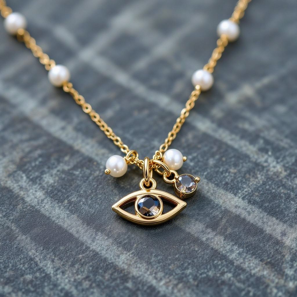 Тонкая цепочка с золотыми шариками и мелкими жемчужными камушками на цепочке есть кулон в форме глаза, зрачок глаза из раухтопаза от глаза идет маленькая подвеска с маленьким камушком 