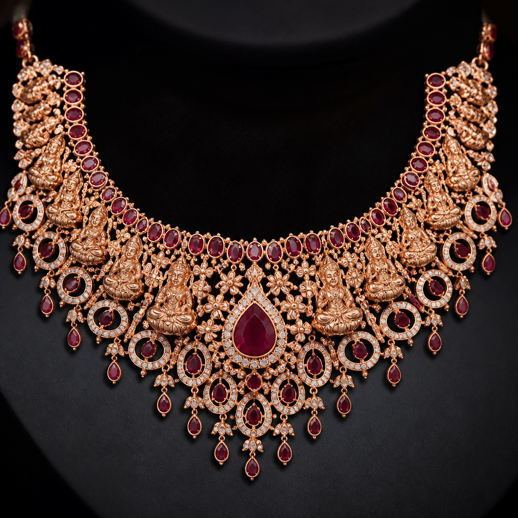 A ethnic women's necklace made of rose gold with ruby stones suitable for wedding. a delicate jweller wedding style with indian idols printed mixed design with rosegold and ruby
photorealistic jewelry design, A ethnic women's necklace made of rose gold with ruby stones suitable for wedding. a delicate jweller wedding style with indian idols printed mixed design with rosegold and ruby, ethnic style, just the design no text