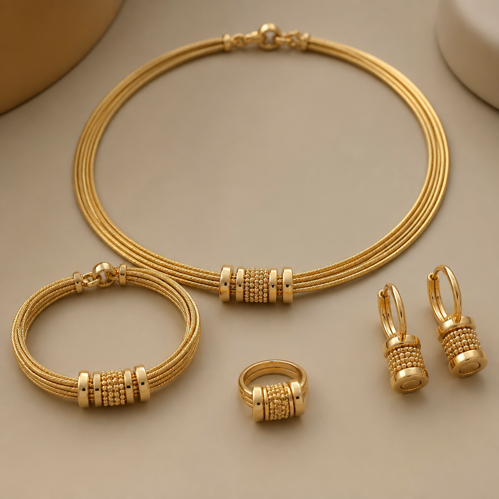 A modern women's necklace made of gold, detailed and decorative, moderately ornate. make earrings and braselet and ring with it in the same design and make it in Piaget possession brand style
photorealistic jewelry design, A modern women's necklace made of gold, detailed and decorative, moderately ornate. make earrings and braselet and ring with it in the same design and make it in Piaget possession brand style, modern style, just the design no text