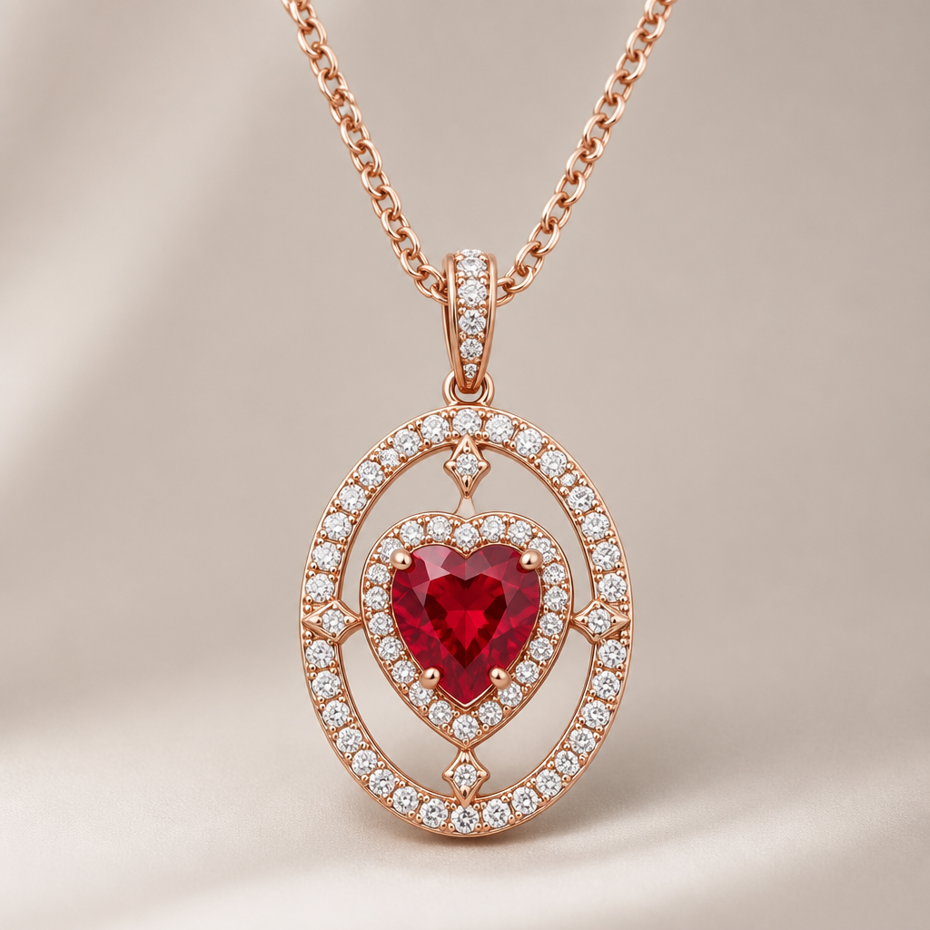 A modern women's ring made of rose gold with diamond and ruby stones. Jenis Perhiasan: Kalung dengan bandul elegan (meskipun pada keterangan aplikasi tertulis "Modern Ring", bentuk fisik pada gambar merupakan sebuah kalung berbandul/pendant).
Rantai Kalung: Terbuat dari material emas dengan warna rose gold yang berkilau lembut, dihubungkan dengan desain tautan rantai halus yang klasik dan feminin.
Bentuk Bandul (Pendant): Memiliki bingkai utama berbentuk lonjong sedikit memanjang yang bertaburkan butiran diamond kecil di sekelilingnya secara rapi dan berkilau.
Ornamen Utama (Tengah): Di bagian tengah bingkai oval tersebut, terdapat permata utama berupa ruby (batu delima merah) berukuran cukup besar dengan pola berbentuk hati (heart-cut) yang dikelilingi kembali oleh lapisan barisan diamond kecil.
Gaya Keseluruhan: Mengusung tema modern, mewah, dan romantis, dengan kombinasi warna hangat dari rose gold, kemewahan taburan diamond, serta pusat perhatian pada batu ruby merah berbentuk hati.
photorealistic jewelry design, A modern women's ring made of rose gold with diamond and ruby stones. Jenis Perhiasan: Kalung dengan bandul elegan (meskipun pada keterangan aplikasi tertulis "Modern Ring", bentuk fisik pada gambar merupakan sebuah kalung berbandul/pendant).
Rantai Kalung: Terbuat dari material emas dengan warna rose gold yang berkilau lembut, dihubungkan dengan desain tautan rantai halus yang klasik dan feminin.
Bentuk Bandul (Pendant): Memiliki bingkai utama berbentuk lonjong sedikit memanjang yang bertaburkan butiran diamond kecil di sekelilingnya secara rapi dan berkilau.
Ornamen Utama (Tengah): Di bagian tengah bingkai oval tersebut, terdapat permata utama berupa ruby (batu delima merah) berukuran cukup besar dengan pola berbentuk hati (heart-cut) yang dikelilingi kembali oleh lapisan barisan diamond kecil.
Gaya Keseluruhan: Mengusung tema modern, mewah, dan romantis, dengan kombinasi warna hangat dari rose gold, kemewahan taburan diamond, serta pusat perhatian pada batu ruby merah berbentuk hati., modern style, just the design no text