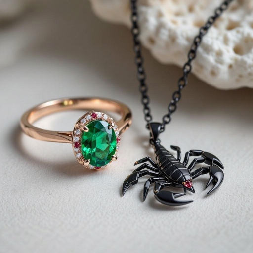 Ring Creating completed set of Geomatric scorpion pendant of white and bkack and rubies diamonds gold accents for contrast. Incorporate a single, oval-cut gemstone-perhaps a striking emerald-set at an unconventional angle, creating a bold focal point that exudes contemporary elegance and sophistication. Envision a striking geometric scorpion pendant, intricately crafted with sharp angles in a combination of matte black and lustrous white metals. Accentuated with glittering ruby diamonds, the design features a single oval-cut emerald, expertly set at a daring tilt. This captivating piece marries edgy modernity with timeless elegance, perfect for bold fashion statements.The diamond is elegantly set in a sleek, minimalist rose gold frame that accentuates its brilliance. The modern aesthetic is enhanced with clean lines and asymmetry, making it a striking statement piece for the avant-garde wearer.