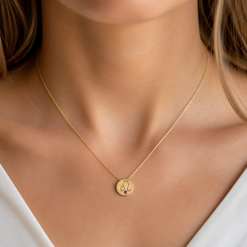 A minimalist women's necklace made of gold with amethyst stones suitable for daily wear. um colar com fio dourado, ouro, a joia em um circulo pequeno cheio , cravado em si o signo de leão contendo no seu centro um estilhaço pequeno de amethyst. um fio elegante, discreto, com um toque de charme e delicado
photorealistic jewelry design, A minimalist women's necklace made of gold with amethyst stones suitable for daily wear. um colar com fio dourado, ouro, a joia em um circulo pequeno cheio , cravado em si o signo de leão contendo no seu centro um estilhaço pequeno de amethyst. um fio elegante, discreto, com um toque de charme e delicado, minimalist style, just the design no text
