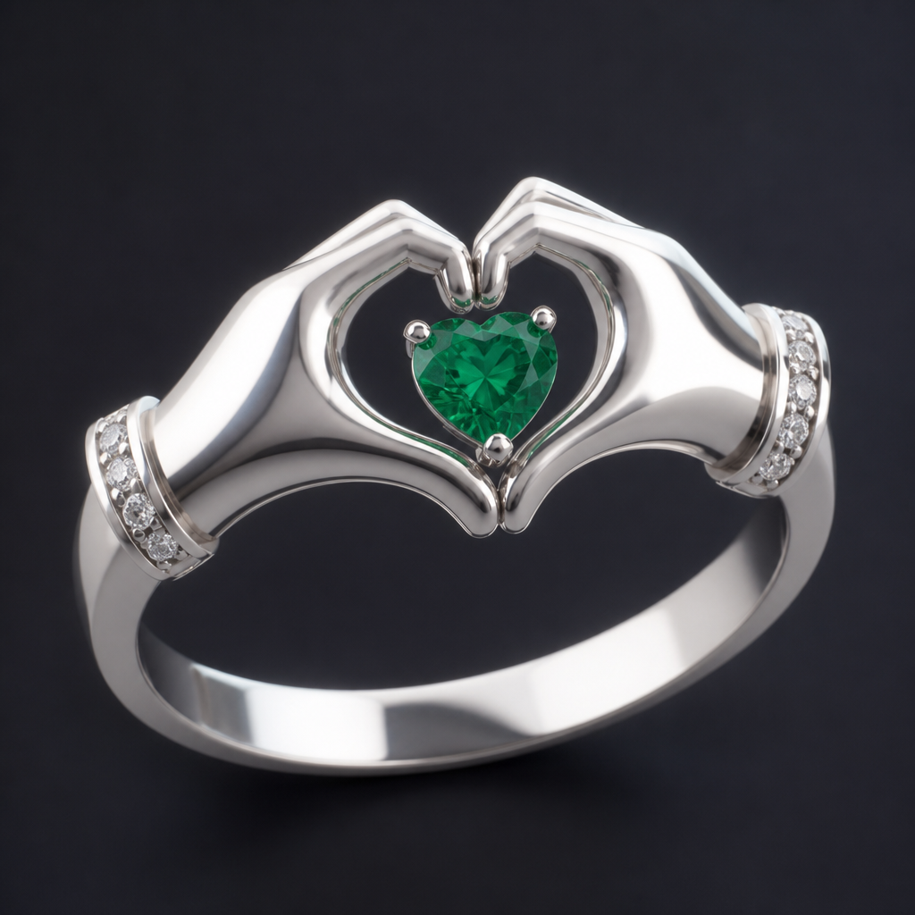 heart made by fingers in a ring with emerald and diamonds
photorealistic jewelry design, heart made by fingers in a ring with emerald and diamonds
, modern style, just the design no text