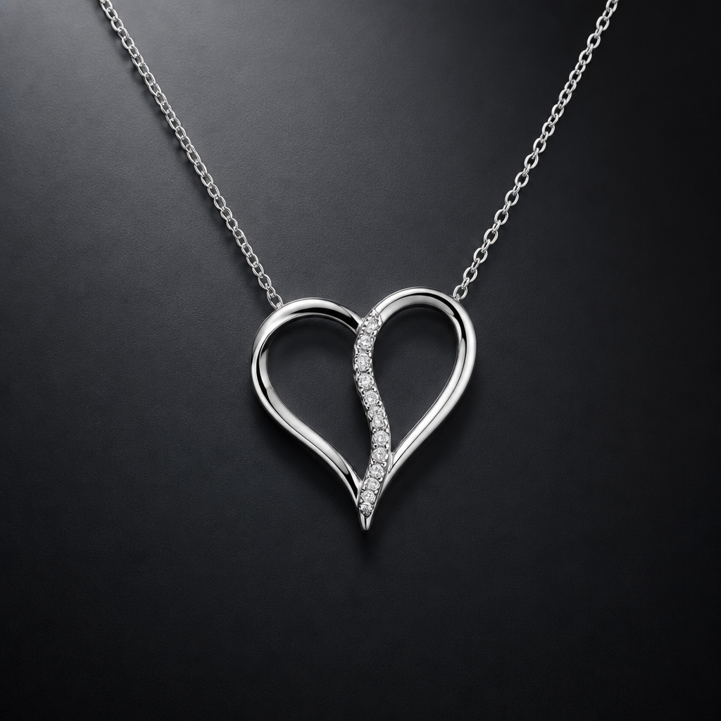 A women's necklace made of silver with diamond stones. metal fin et ligne de diamand au milieu du coeur
photorealistic jewelry design, A women's necklace made of silver with diamond stones. metal fin et ligne de diamand au milieu du coeur, modern style, just the design no text