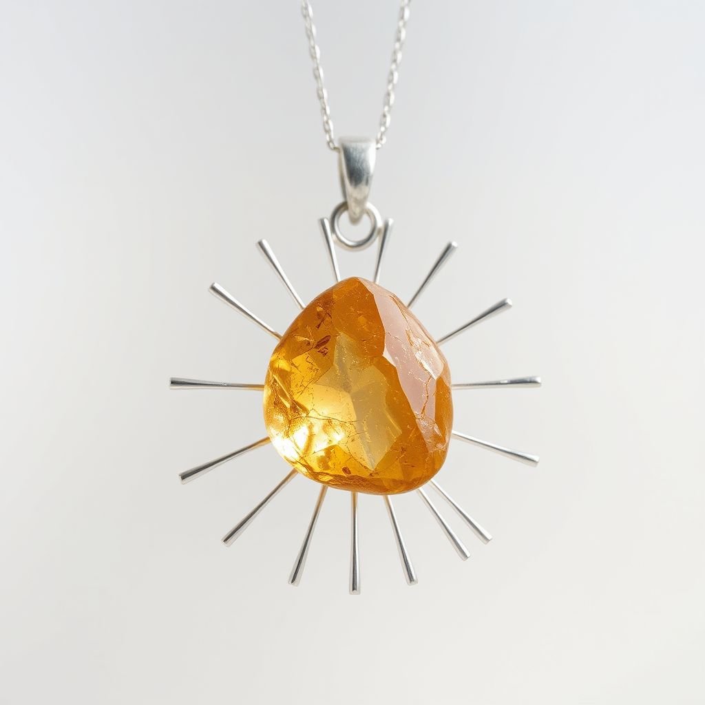 Create a pendant with raw natural gemstone pendant shall look like sun rising. Using minimal silver 