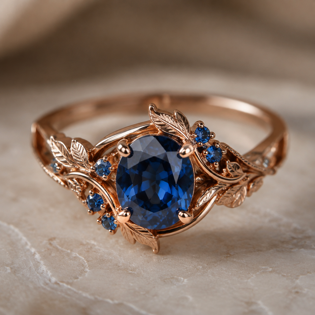 A retro women's ring made of rose gold with sapphire stones suitable for daily wear. birthstone ring, nature inspired
photorealistic jewelry design, A retro women's ring made of rose gold with sapphire stones suitable for daily wear. birthstone ring, nature inspired, retro style, just the design no text