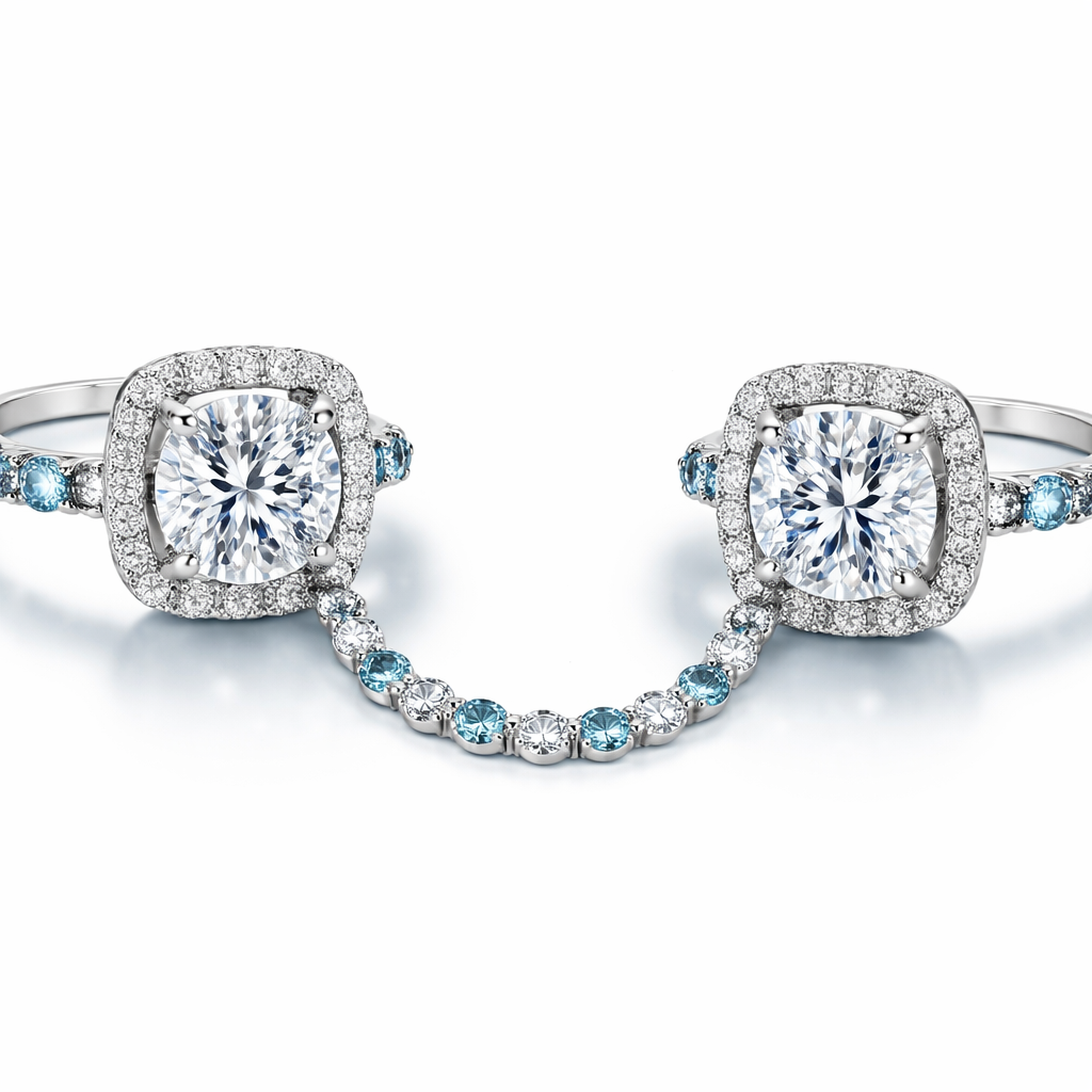 2 rings that are both a cushion cut diamond with halo and both have an aquamarine band, connect them