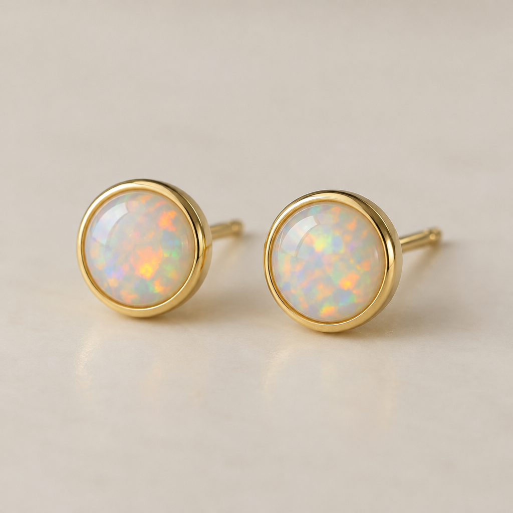 Round crystal opal stud gold bezel set earrings
photorealistic jewelry design, Round crystal opal stud gold bezel set earrings , minimalist style, just the design no text