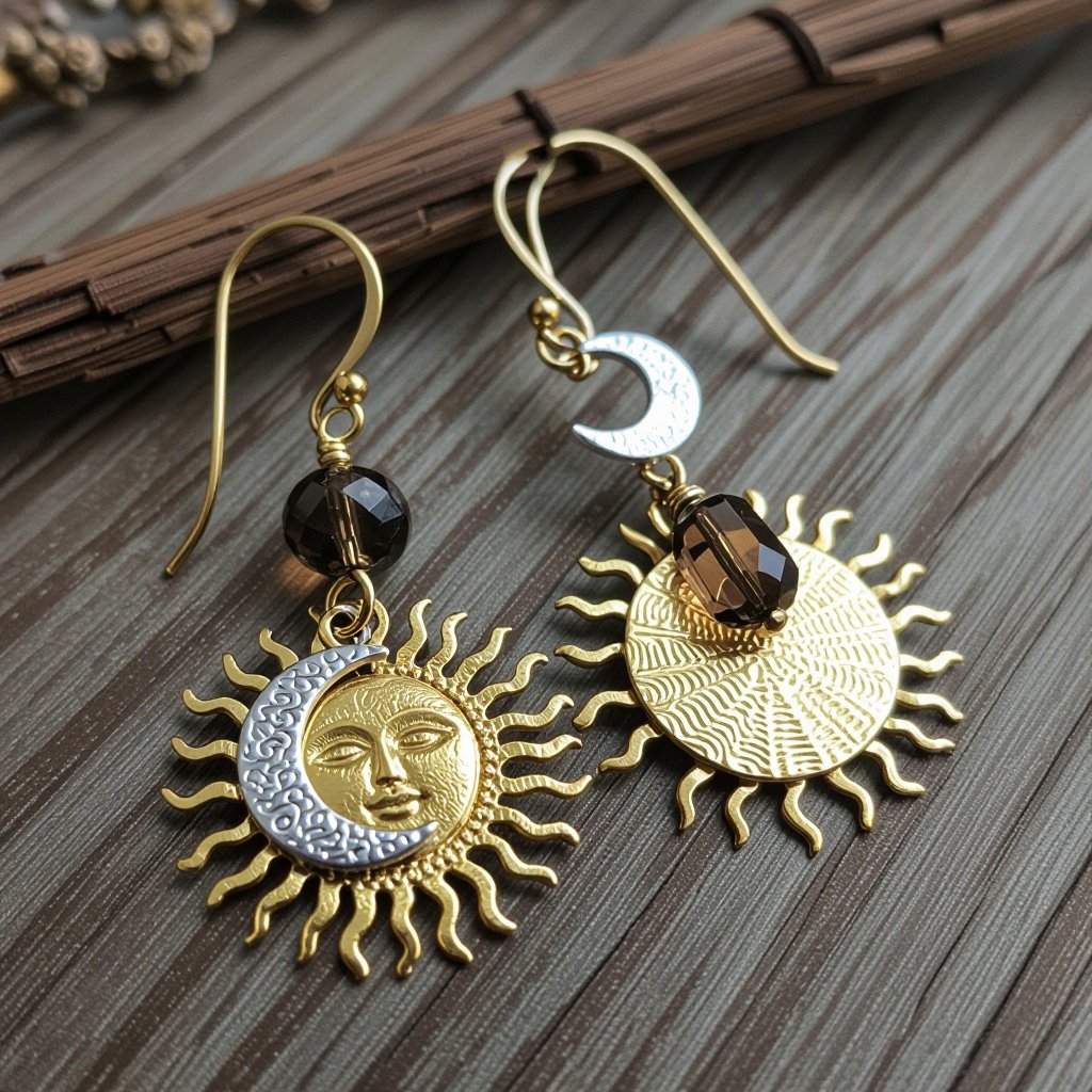Золотые серьги словно мятое золото в форме солнца с волнистыми лучами крепится к застежке серьги. К нижней части солнца крепятся подвески: миниатюрный серебристая луна, очень маленький кристалл раухтопаза и маленький золотой кружочек с мятым эффектом плоский