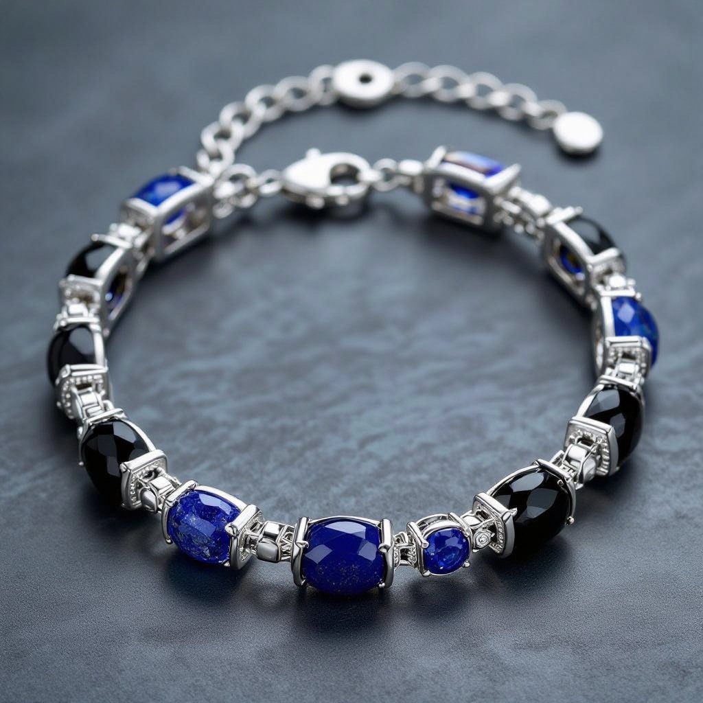 Unisex luxury bracelet, sterling silver chain with gemstones of one single color set into the links (example: black onyx or blue lapis), elegant and modern