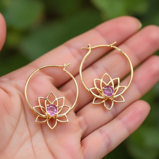 Серьги небольшие кольца,на серьгах висит в виде золотого лотоса шестью лепестками с маленьким розовым кварцем по центру