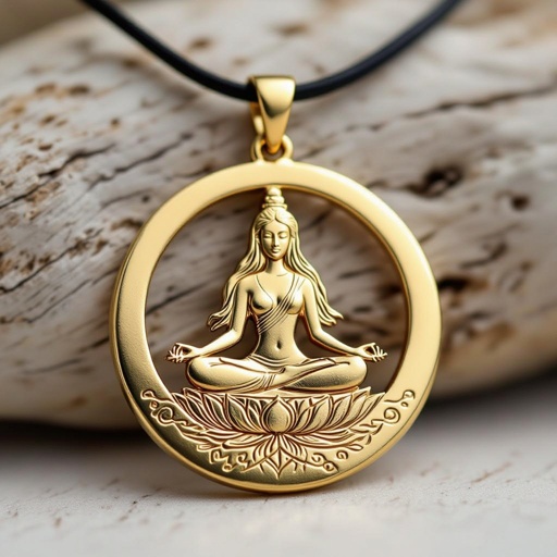Золотой кулон в виде неровного круга в круге выгравирована женщина с длинными волосами в позе лотоса