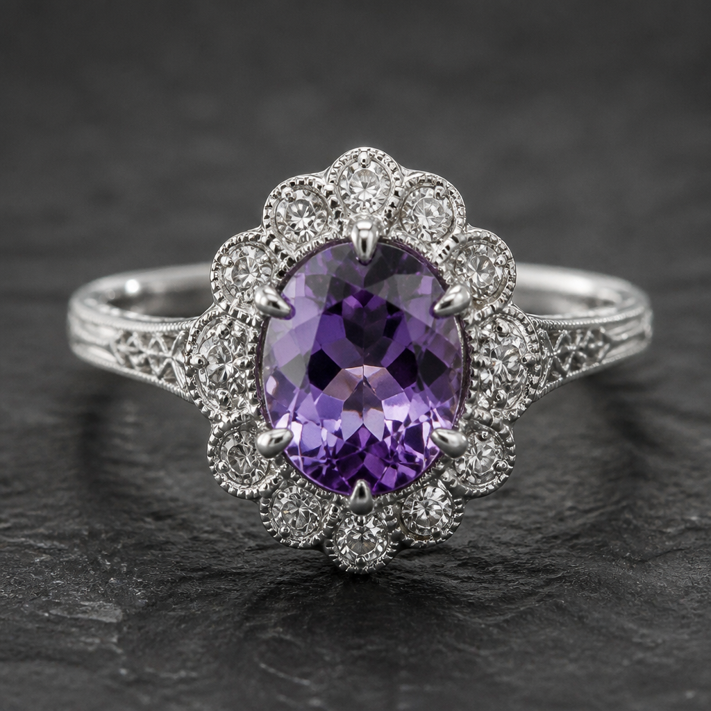 A women's ring. Серебряное антикварное кольцо малинка центральный камень аметист в окружении фианитов
photorealistic jewelry design, A women's ring. Серебряное антикварное кольцо малинка центральный камень аметист в окружении фианитов, modern style, just the design no text