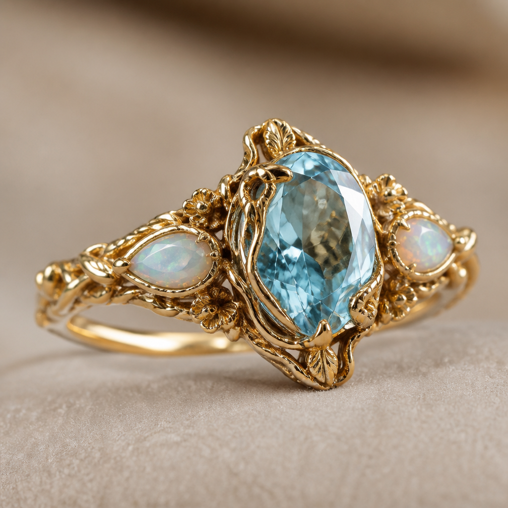 A sculptural women's ring made of gold with aquamarine and opal stones suitable for formal, highly ornate, intricate and elaborate, richly detailed. anello sottile con una pietra grande in centro e due piccole ai lati a forma di goccia. con piccoli rilievi
photorealistic jewelry design, A sculptural women's ring made of gold with aquamarine and opal stones suitable for formal, highly ornate, intricate and elaborate, richly detailed. anello sottile con una pietra grande in centro e due piccole ai lati a forma di goccia. con piccoli rilievi, sculptural style, just the design no text