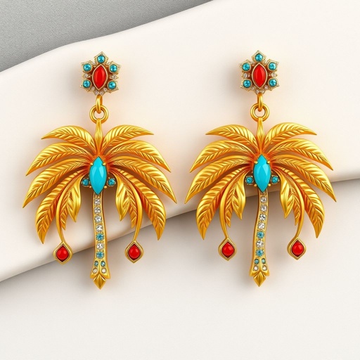 I want to create an elegy piece of earrings that look time a palm tree to reflect the cultural heritage of Bahrain in a design very unique one of a few kind incite gold petals and gemstones