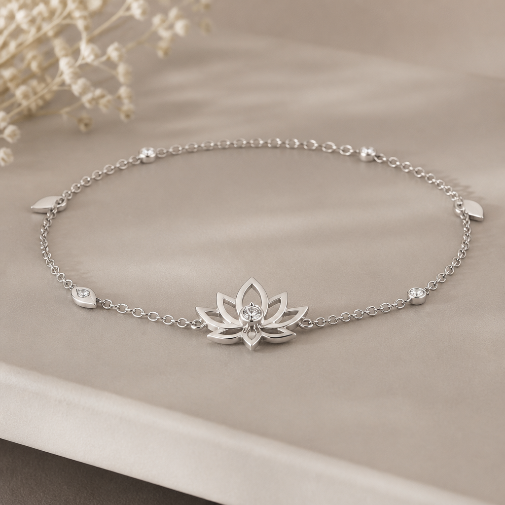 A minimalist women's bracelet made of silver with diamond stones. minimaliste avec un beau lotus avec quelque details delicat avec 1 diamant dans le milieu super féminin, je veux que l'attache avec la chaine soit la plus discret possible, avec quelque feuille super minimaliste dispersé à distance sur la chaine
photorealistic jewelry design, A minimalist women's bracelet made of silver with diamond stones. minimaliste avec un beau lotus avec quelque details delicat avec 1 diamant dans le milieu super féminin, je veux que l'attache avec la chaine soit la plus discret possible, avec quelque feuille super minimaliste dispersé à distance sur la chaine, minimalist style, just the design no text