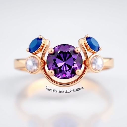 A simple, three stone 18 karat rose gold engagement ring set with a circular purple alexandrite. Also set with a small half circle blue chalcedony on one side right next to it, and a small half circle moonstone set on the other side right next to it. On the inside of the band, it has an inscription reading, “Tuum. Et in hac vita et in altera.”