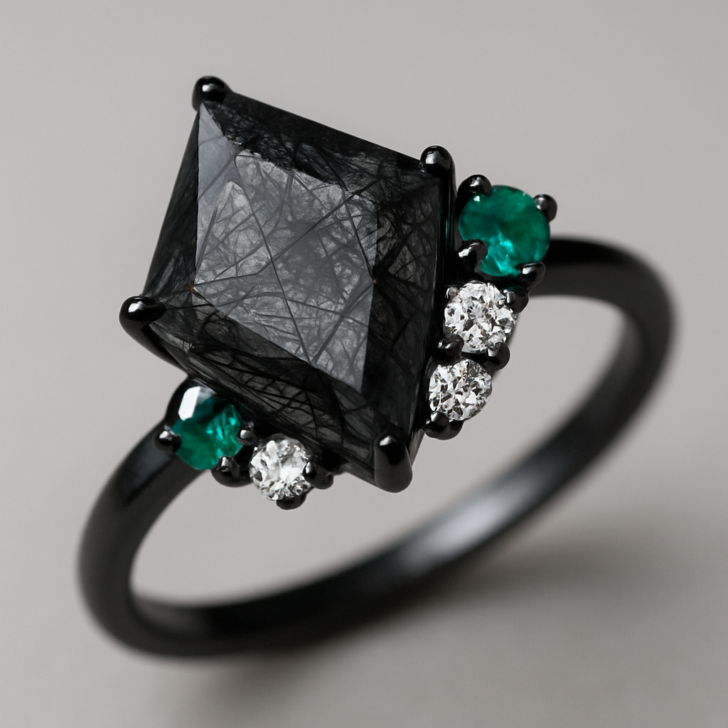 Kite cut Black rutilated quartz with emerald and moissanite accent stones in a cluster on a black band