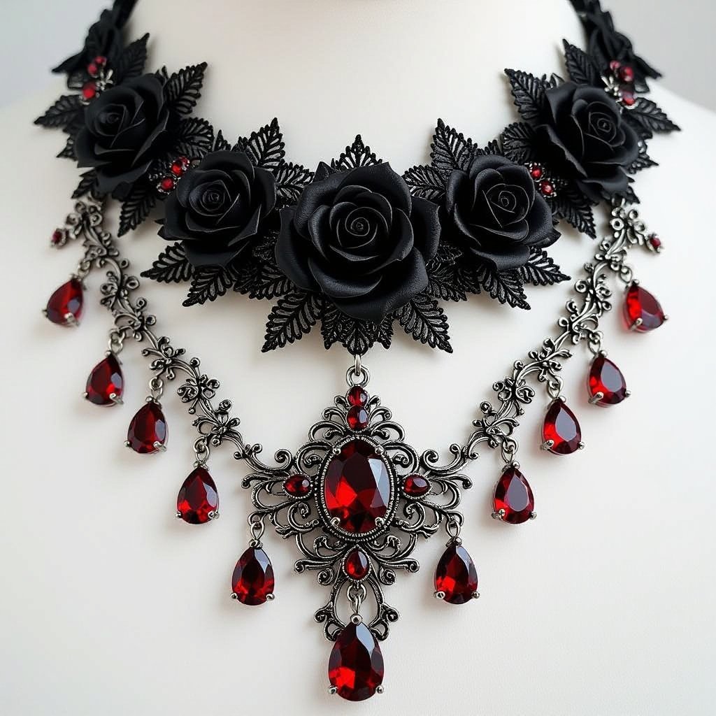 Necklace with black lace  and black roses with blood red gems