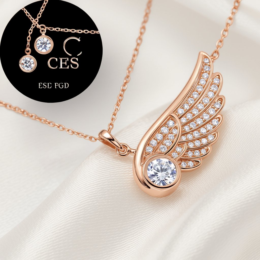 Architecture contemporary Design a contemporary pendant featuring a single, large diamond shaped like a wing, symbolizing freedom and elegance. The diamond is elegantly set in a sleek, minimalist rose gold frame that accentuates its brilliance. The modern aesthetic is enhanced with clean lines and asymmetry, making it a striking statement piece for the avant-garde wearer.