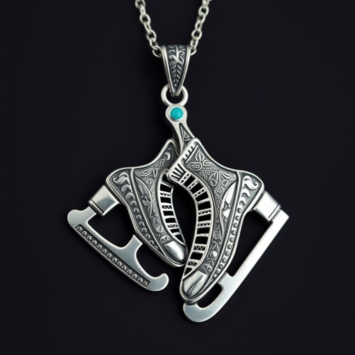 Silver pendant in the shape of ice skating blades with a turquoise stripe within the blade