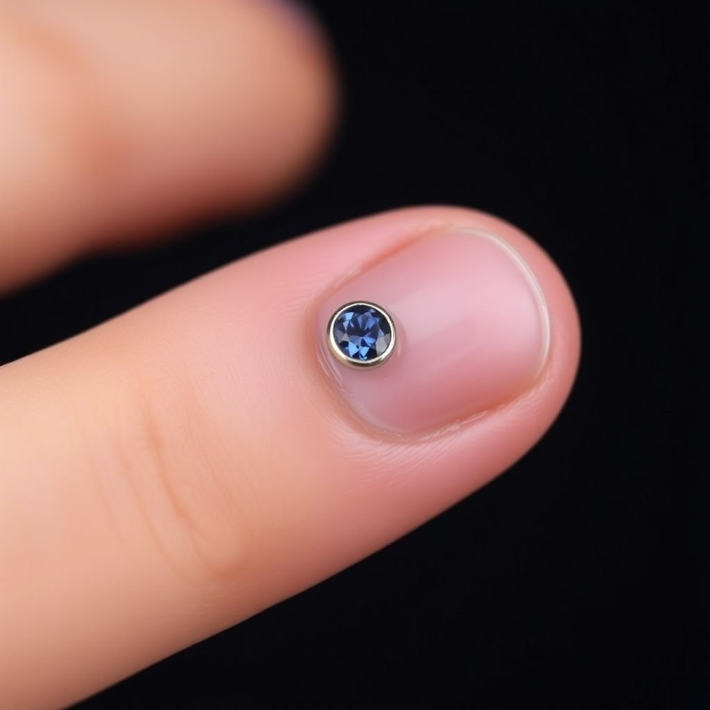 Put this on an actual nail of a hand. Tiny bezel set single sapphire in the middle of the index finger, nail jewlery