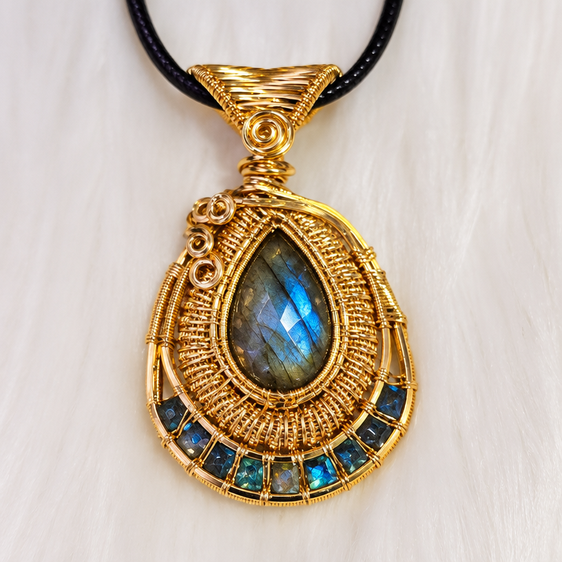 A wire-wrapped women's pendant made of gold. make this with a labradorite stone in the center
using the attached image as a visual reference, create A wire-wrapped women's pendant made of gold. make this with a labradorite stone in the center. photorealistic, just the design no text
